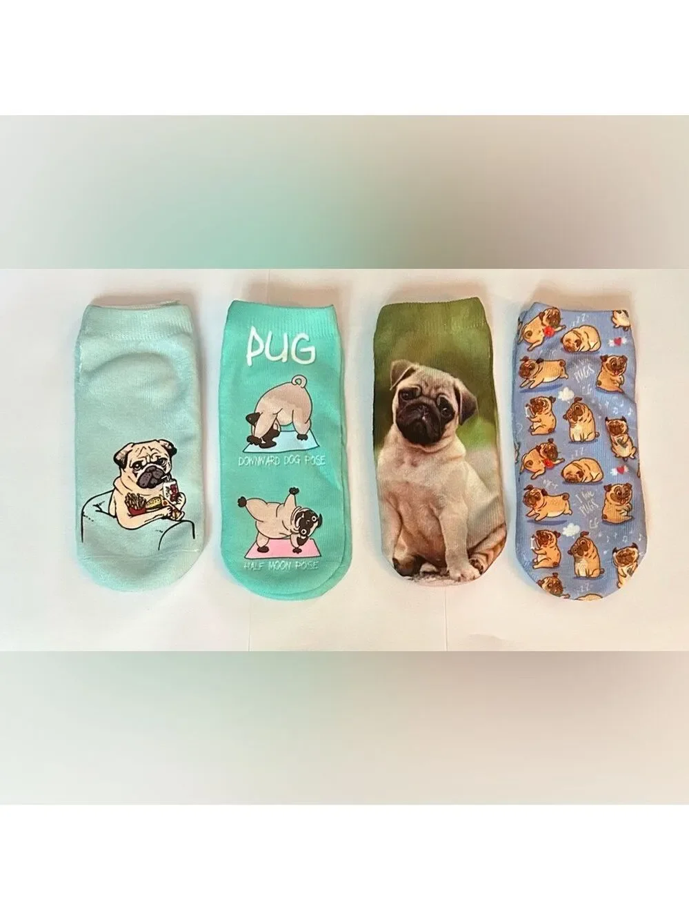 4 Pairs of No Show Pug Socks Fits shoe size 5 to 9 NEW